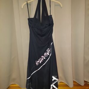 Black gown with sheer overlay and halter